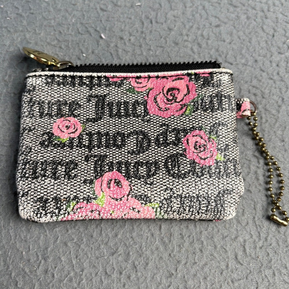 Juicy Couture Gothic Logo Pink Rose Glitter Coin Purse Wallet Gold Heart Zip